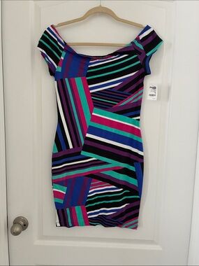 Charlotte Russe One-Shoulder Striped Bodycon Dress in Teal, Purple & Black